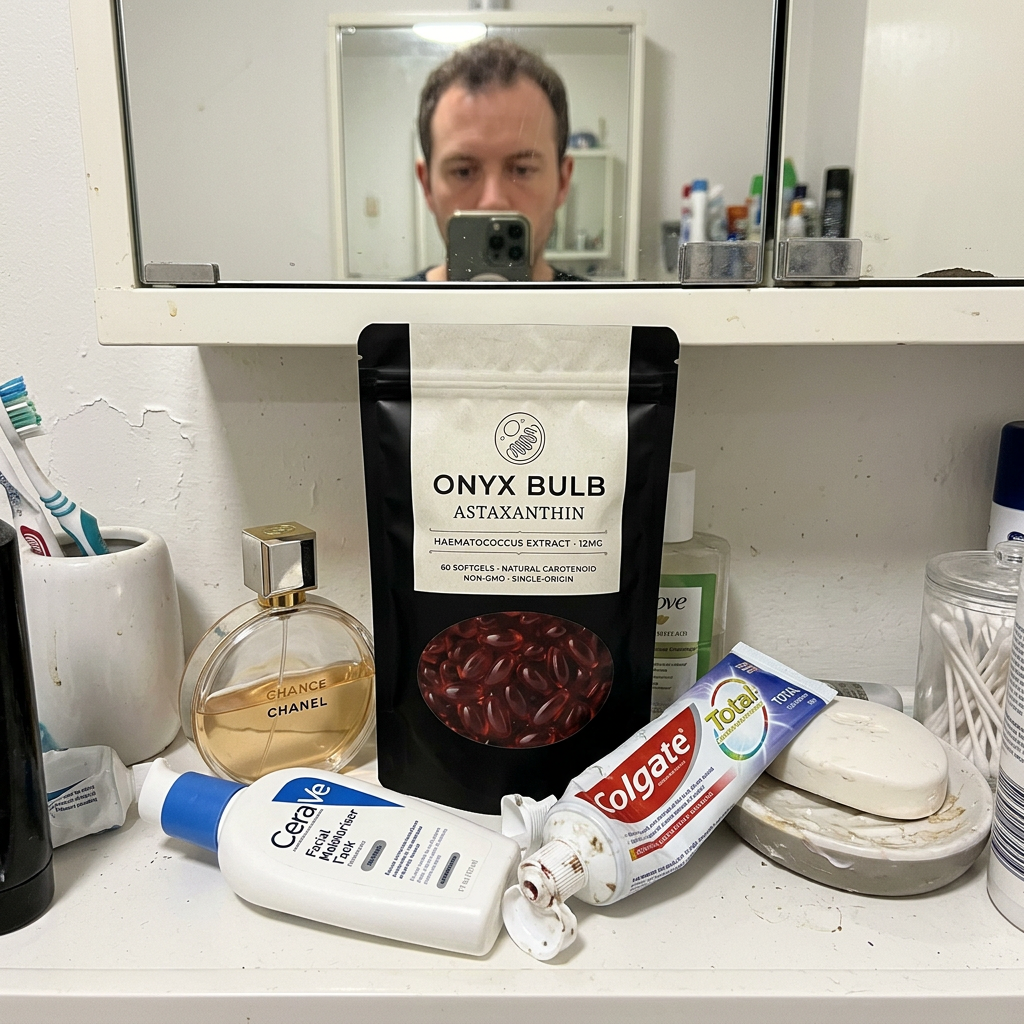 UGC pouch on bathroom shelf